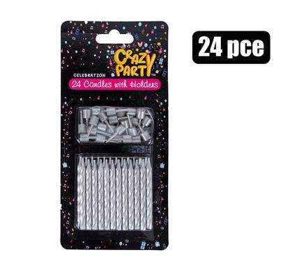 Metallic Silver Birthday Candles with Holders (24 Pieces)