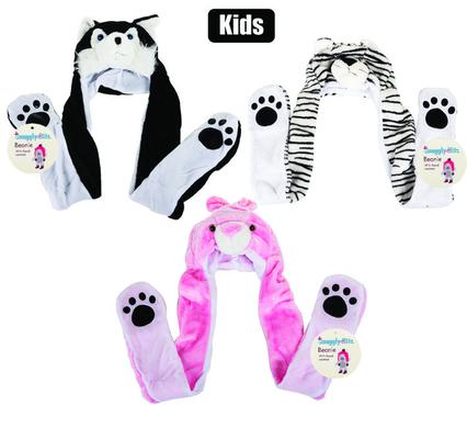 Kids' 3-in-1 Plush Animal Beanie with Earflaps and Hand Pockets