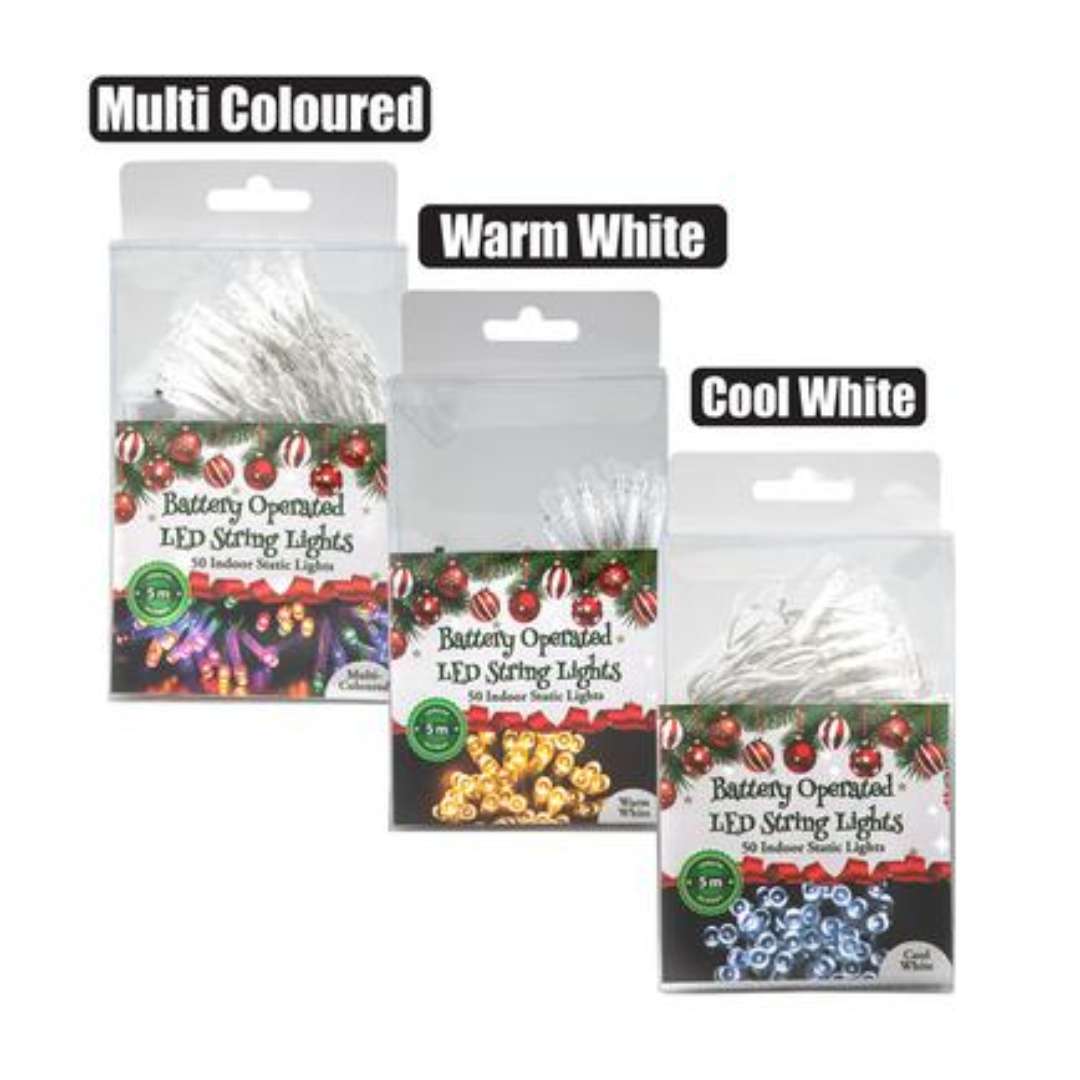 5m Battery-Operated 50 LED Static Assorted Christmas Lights