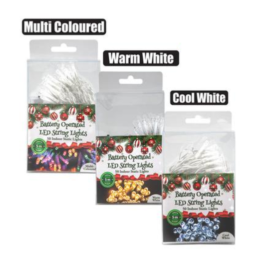 5m Battery-Operated 50 LED Static Assorted Christmas Lights