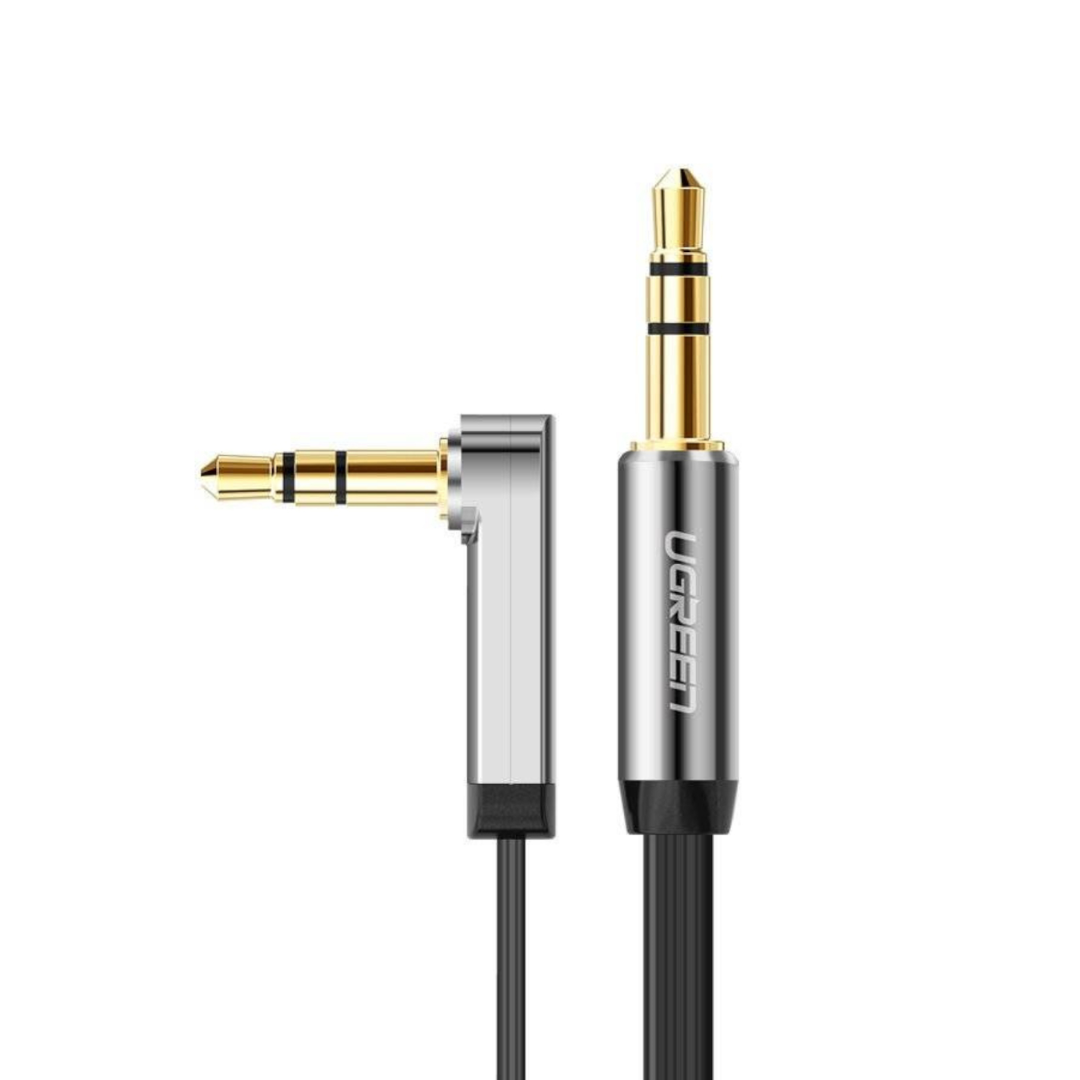 UGREEN AV119 Right-angled 3.5mm Flat Aux Cable 2m – Black/Silver