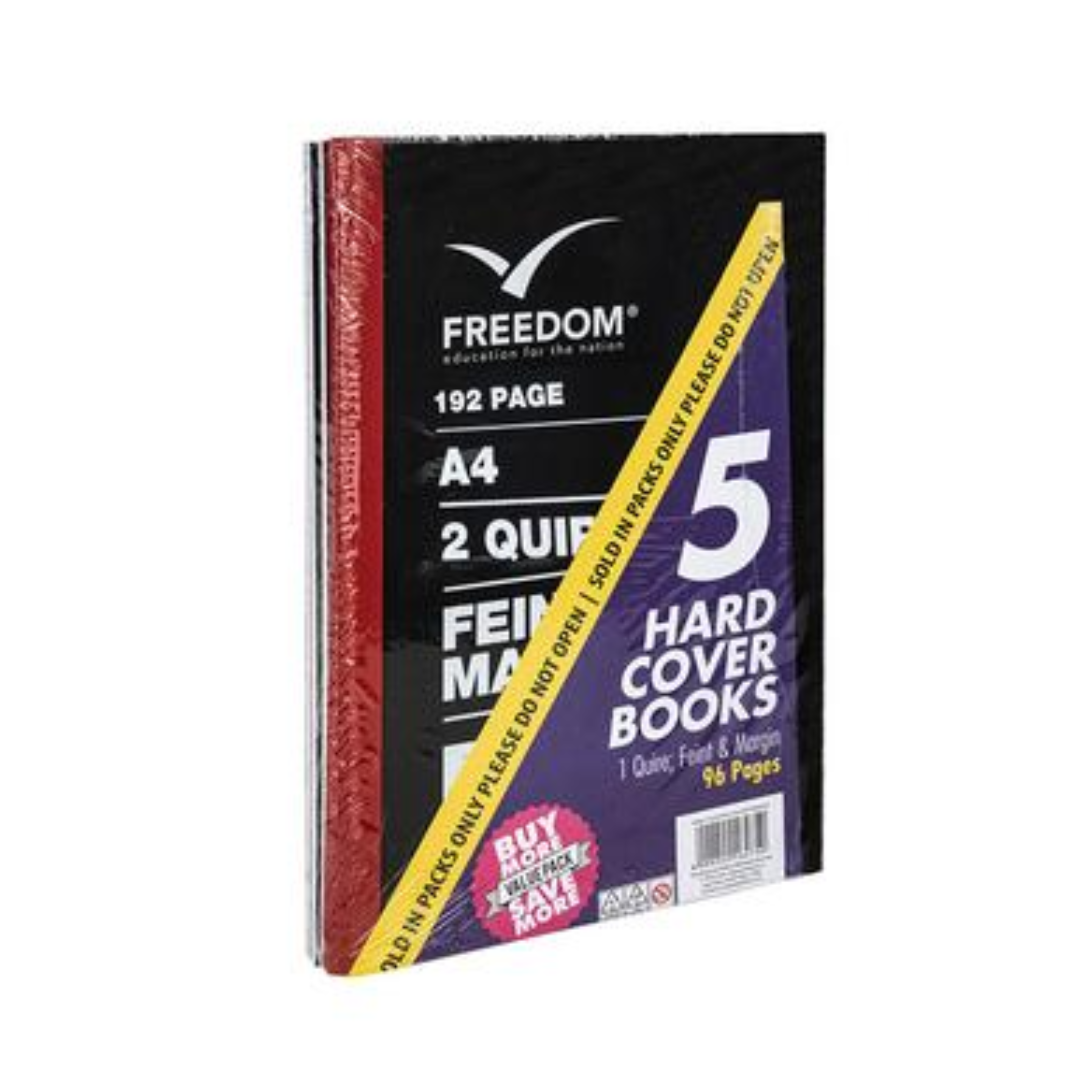 A4 Hard Cover Feint and Margin book (192 Pages) - Pack of 5 books